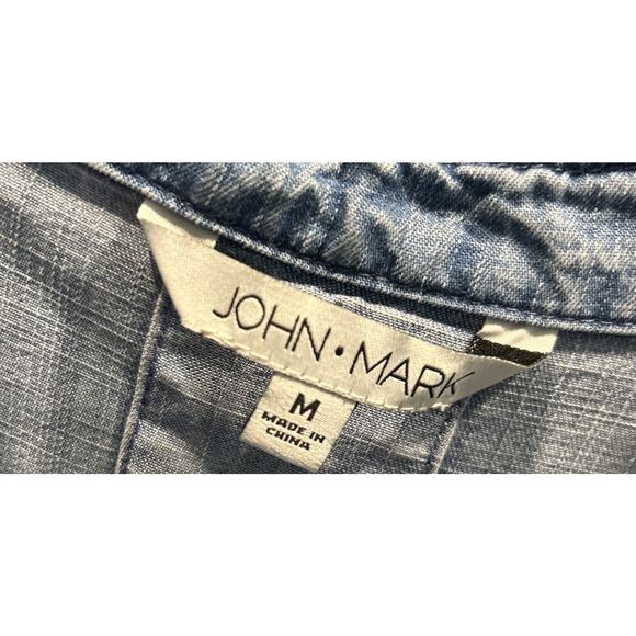 JOHN MARK Chambray Shift Dress Sz M Blue 1/2 Button Gathered Sleeve Pockets *C2 - Picture 3 of 6